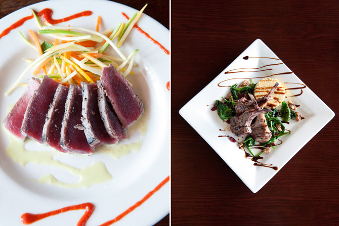 Photo of a seared tuna dish next to a photo of a lamb dish by Agnes Lopez
