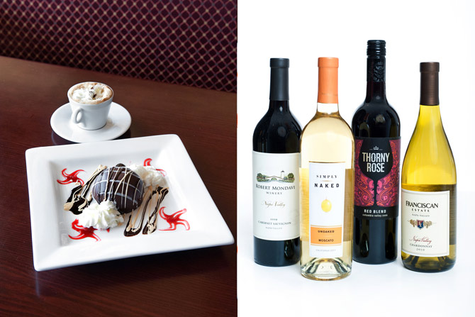 A dessert and in-studio picture of wine bottles