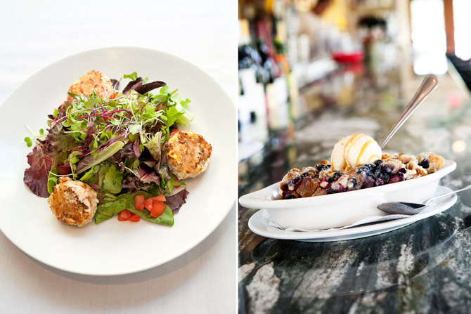 A photo of a salad with crab cakes next to a photo of the bread pudding from the Palm Valley Fish Camp