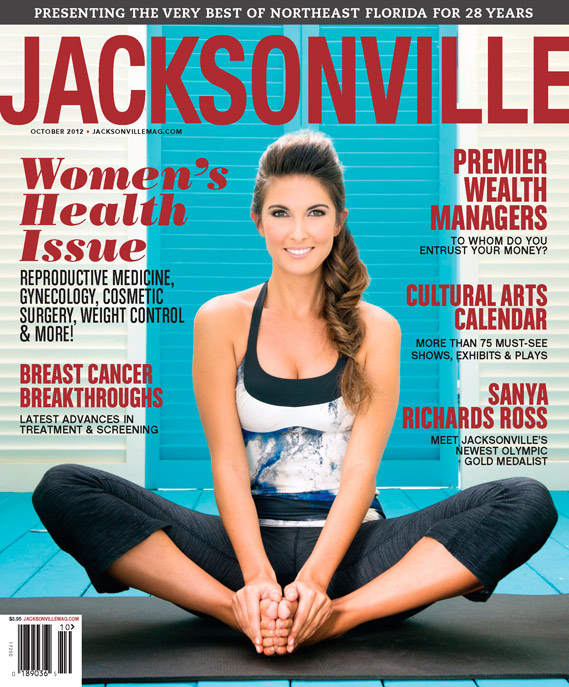 October cover of Jacksonville Magazine by Agnes Lopez featuring Georgina in a yoga pose