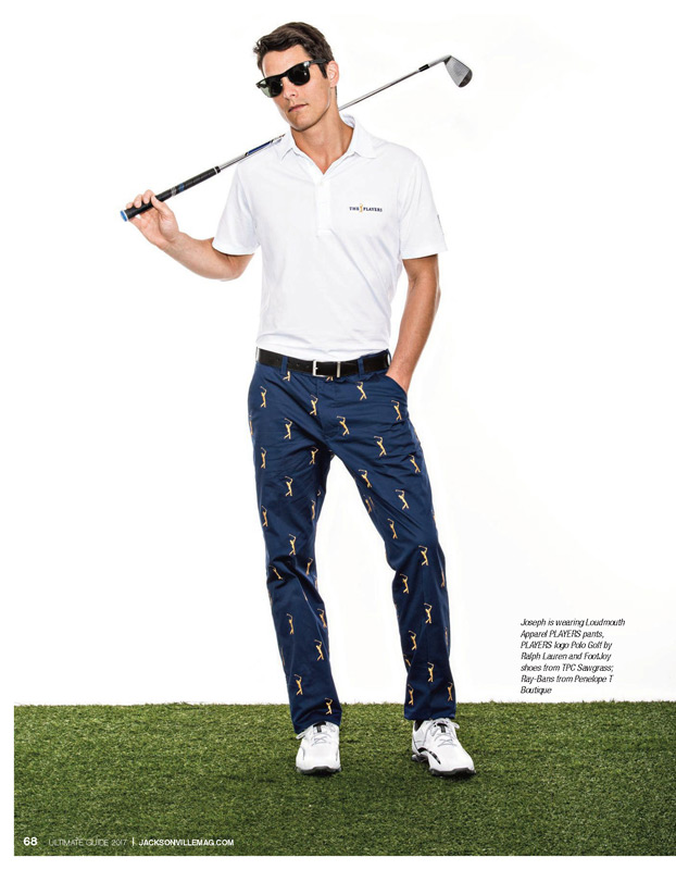 Joseph is wearing Loudmouth Apparel PLAYERS pants, PLAYERS logo Polo Golf by Ralph Lauren and FootJoy shoes from TPC Sawgrass; Ray-Bans from Penelope T Boutique