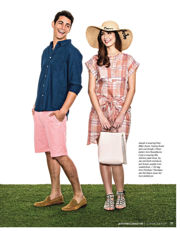 Joseph is wearing Peter Millar shorts, Faherty Brand shirt and Donald J Pliner loafers from Rosenblums; Emily is wearing Ulla Johnson plaid dress, Ivy Jax and Sashi necklaces, and Schutz sandals from modelcitizen, 7 Chi bag from Penelope T Boutique, and Hat Attack straw hat from AshleGryre