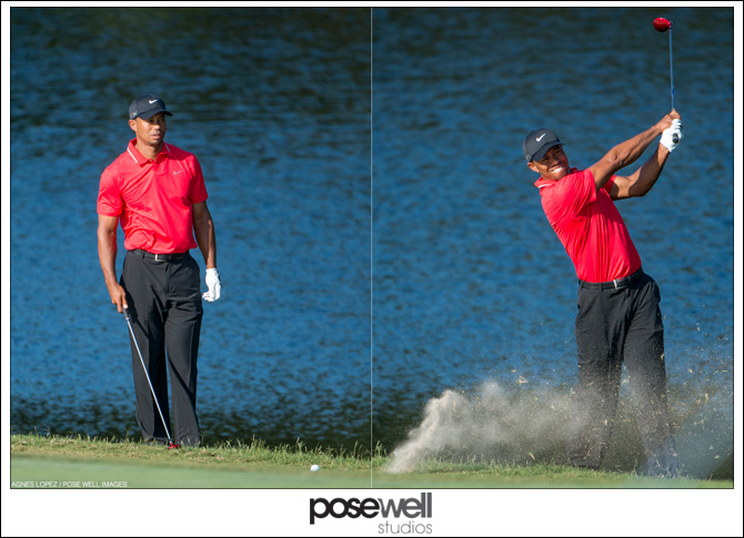 Tiger Woods hitting his shot on the 14th hole after going in the water - photos by Agnes Lopez