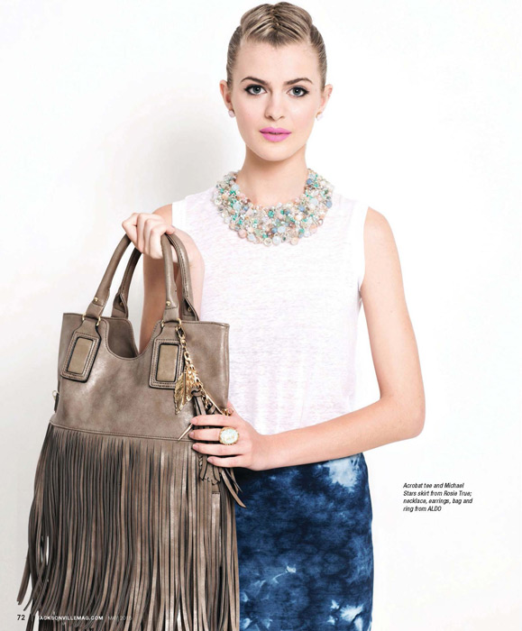 Acrobat tee and Michael Stars skirt from Rosie True, necklace, earrings, bag and ring from ALDO - featured in the Tropical Punch fashion editorial for the May 2015 issue of Jacksonville Magazine - photo by Agnes Lopez