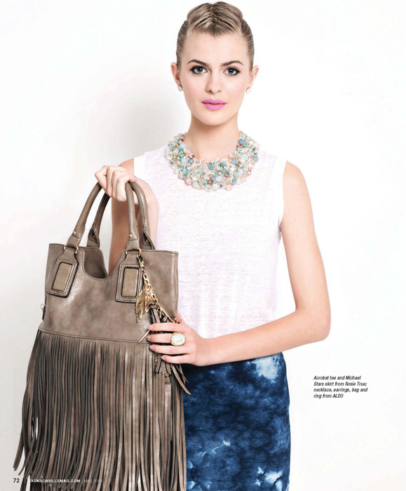 Acrobat tee and Michael Stars skirt from Rosie True, necklace, earrings, bag and ring from ALDO - featured in the Tropical Punch fashion editorial for the May 2015 issue of Jacksonville Magazine - photo by Agnes Lopez