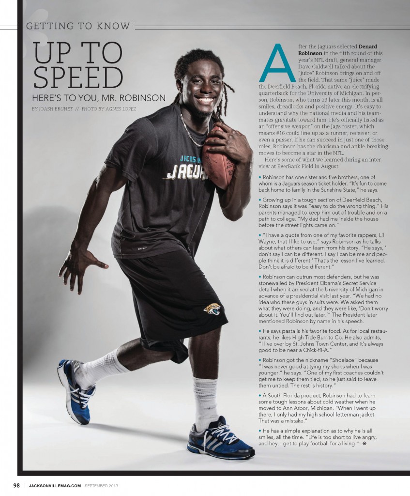 Michigan QB and Jaguars Offensive Weapon Denard Robinson portrait by Agnes Lopez for Jacksonville Magazine - September 2013